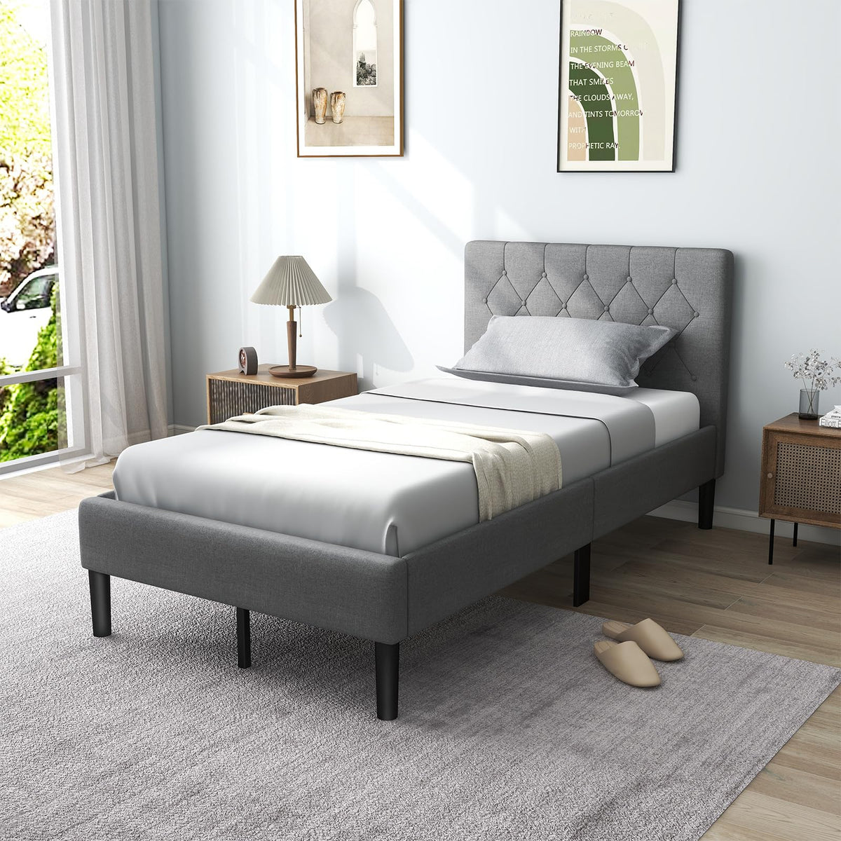 Grey Twin Upholstered Platform Bed with Headboard L23102