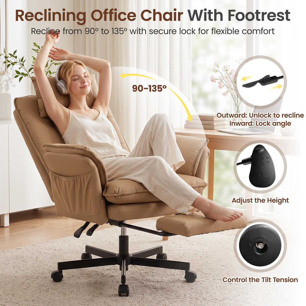 Brown Office Chair with Foot Rest & Flip Armrests R769