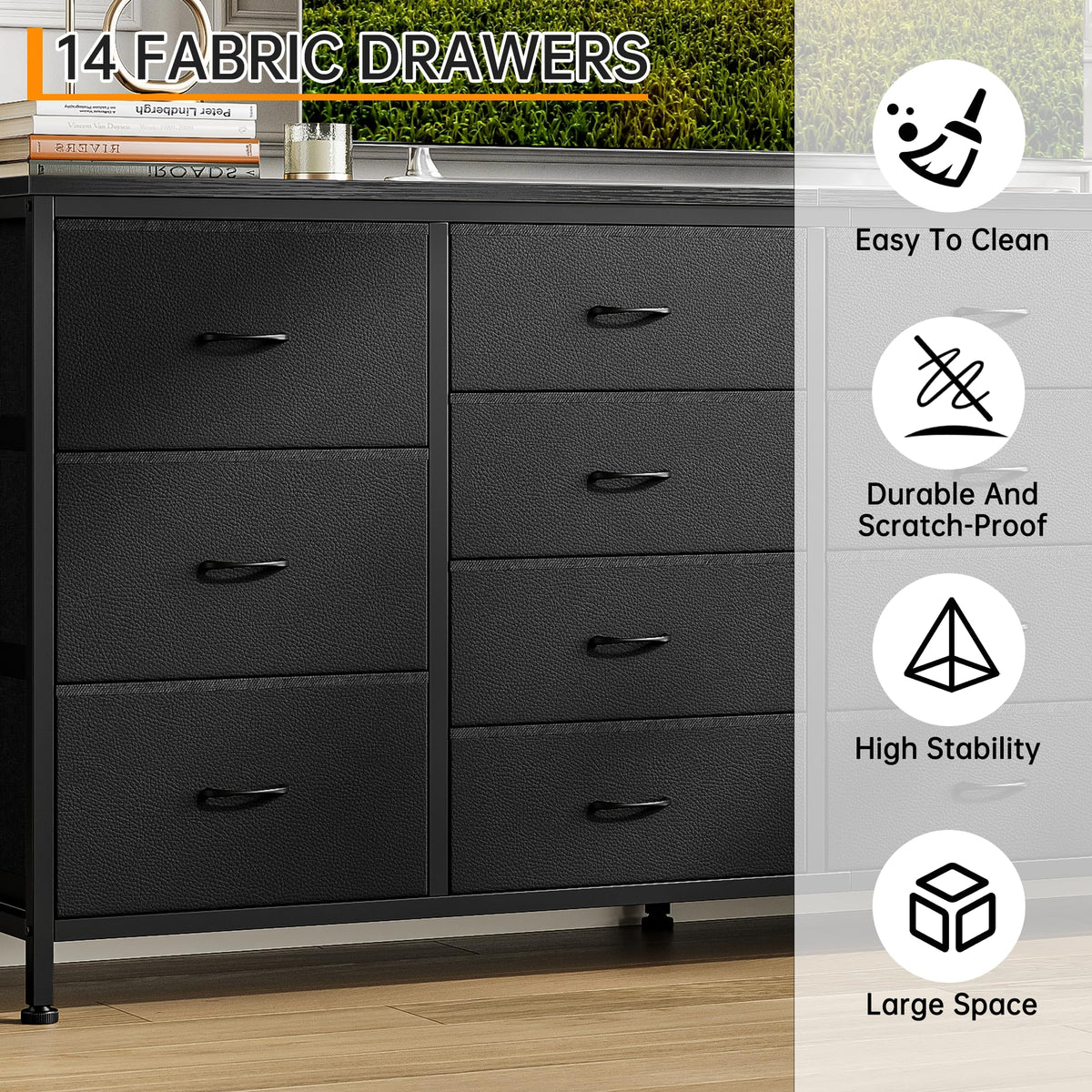 63 Inch TV Stand with 14 Fabric Drawers, Black E136