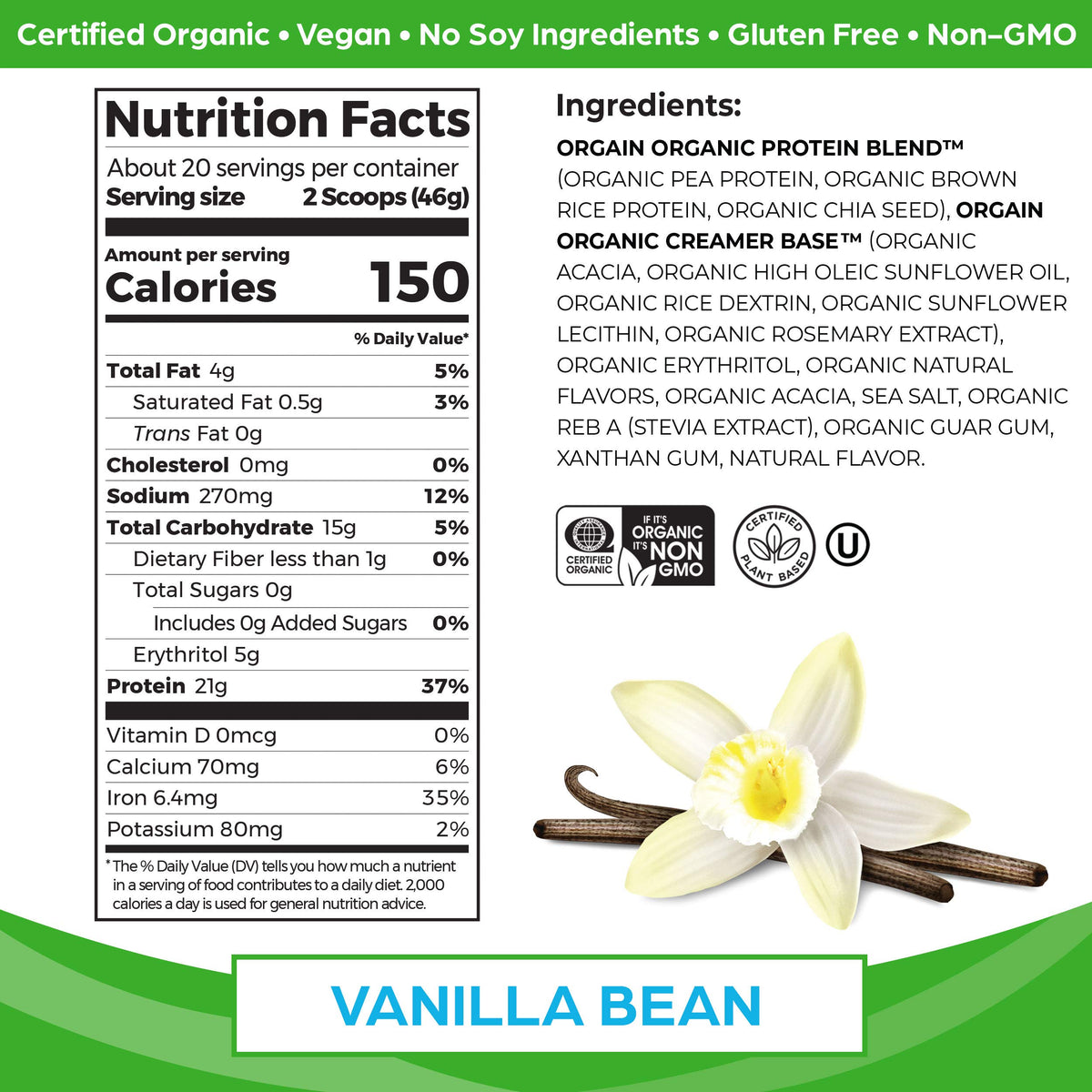 Organic Vegan Protein Powder Chocolate Peanut Butter and Vanilla Bean 4.06 Lbs K950921