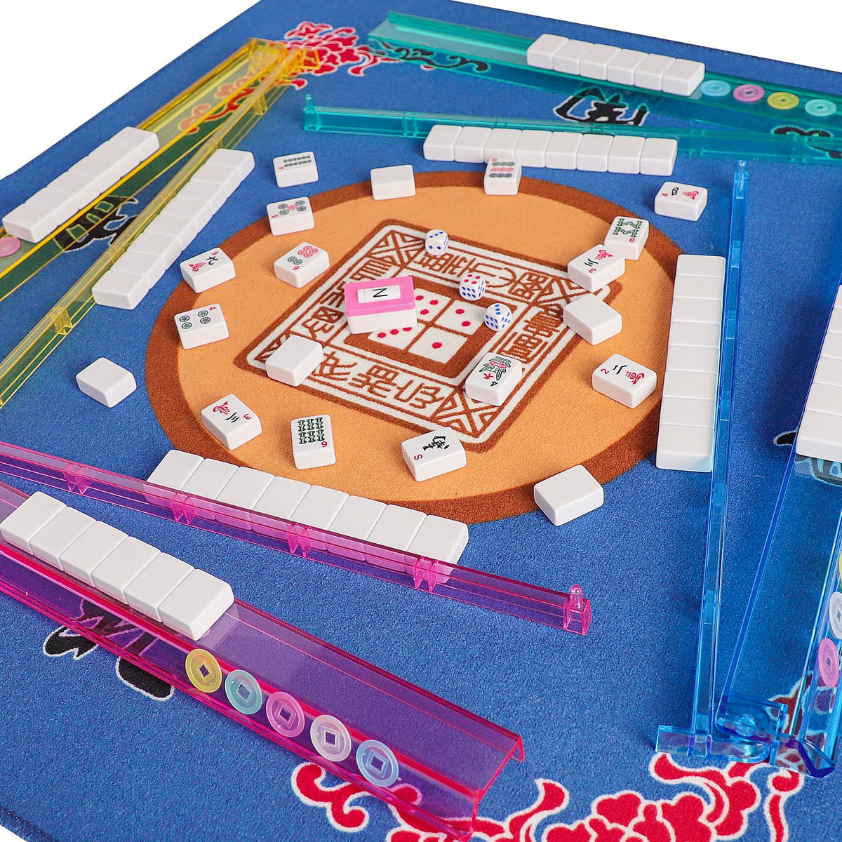 American Mahjong Game Set, 166 White Tiles, 4 Color Rack/Pushers, Blue Carrying Bag M546