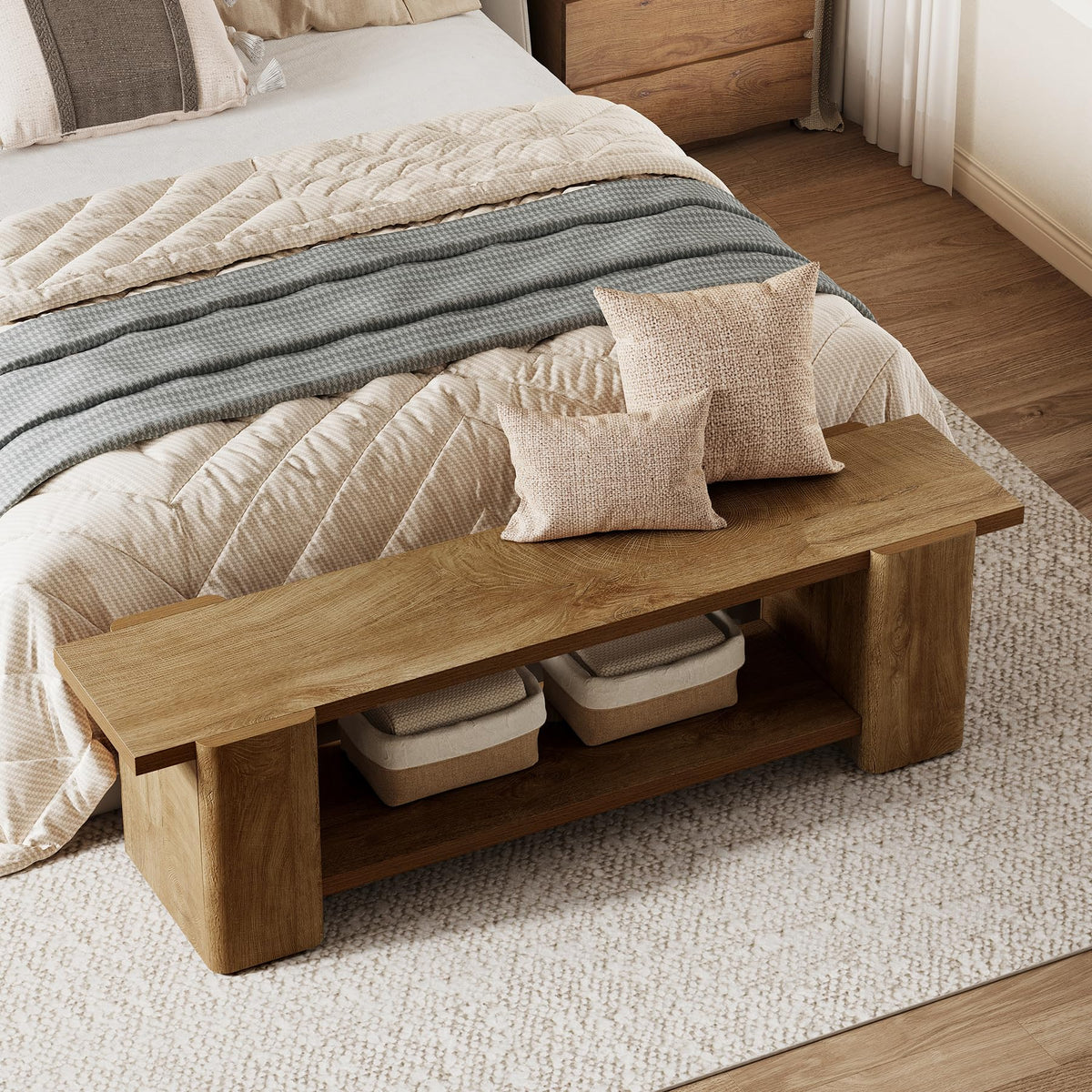 Wood Storage Bench with Shelf F7868