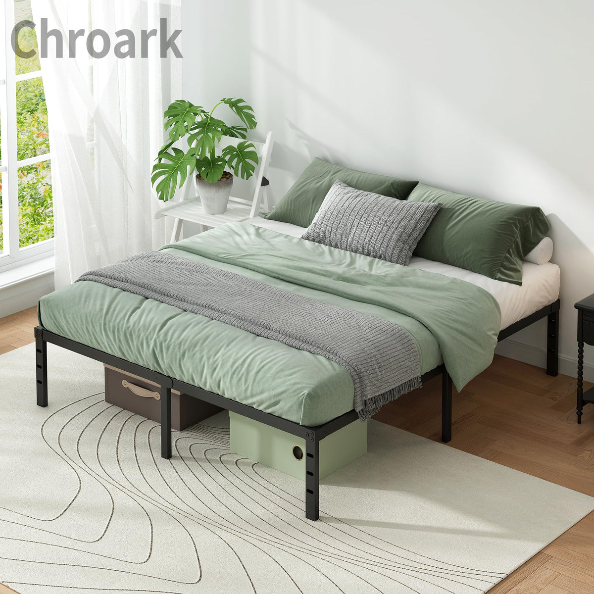 Black Metal Platform Bed Frame Full Size, 18 Inch Height with Underbed Storage E182393