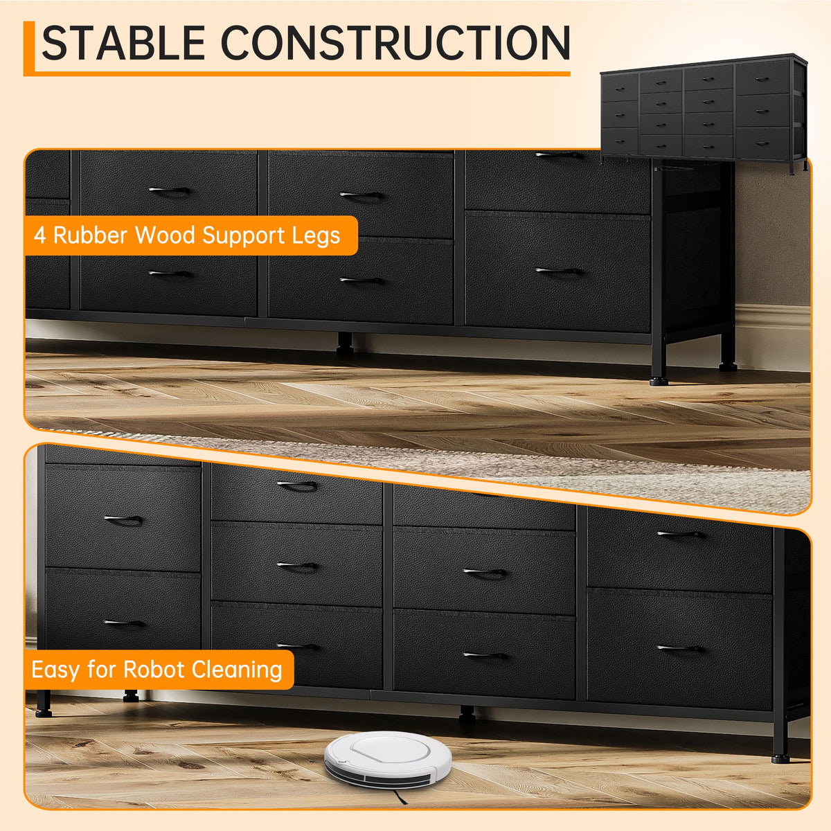 63 Inch TV Stand with 14 Fabric Drawers, Black E136