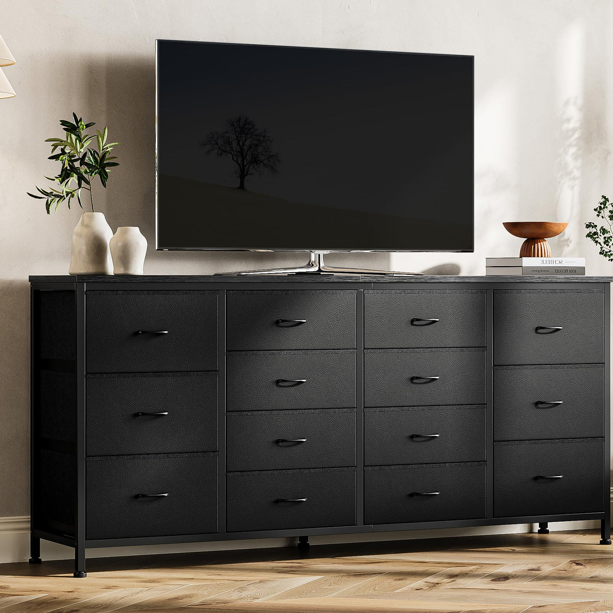 63 Inch TV Stand with 14 Fabric Drawers, Black E136