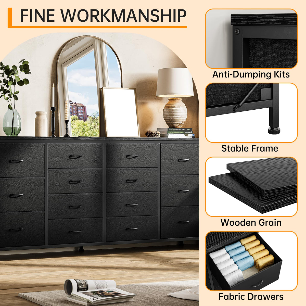63 Inch TV Stand with 14 Fabric Drawers, Black E136