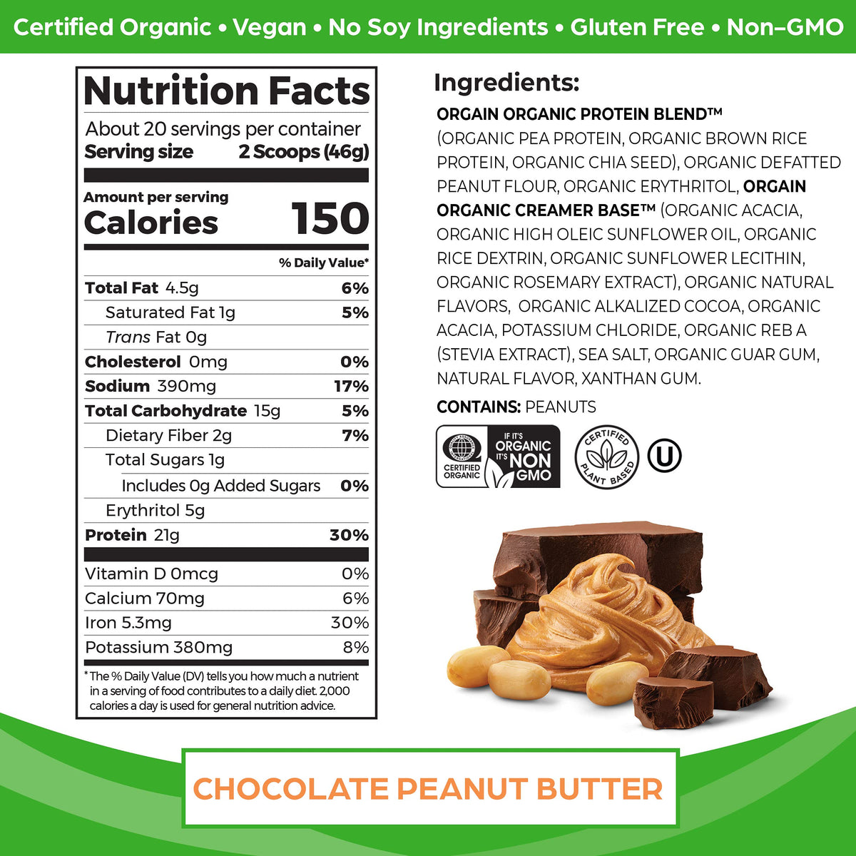 Organic Vegan Protein Powder Chocolate Peanut Butter and Vanilla Bean 4.06 Lbs K950921