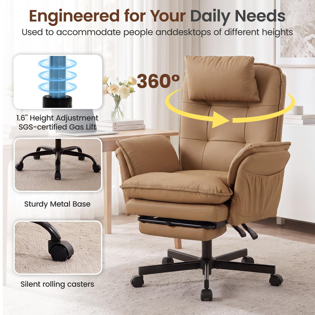 Brown Office Chair with Foot Rest & Flip Armrests R769