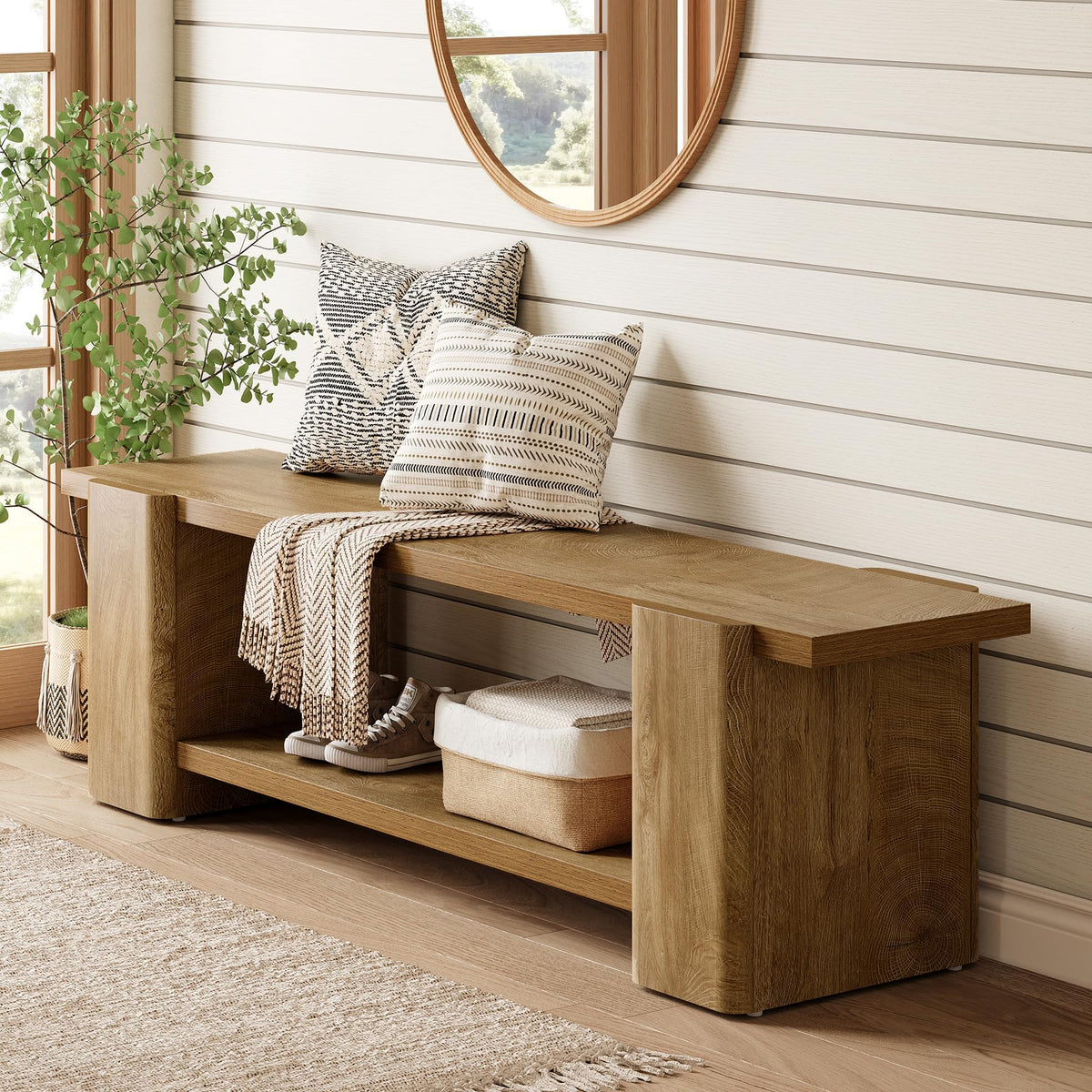 Wood Storage Bench with Shelf F7868